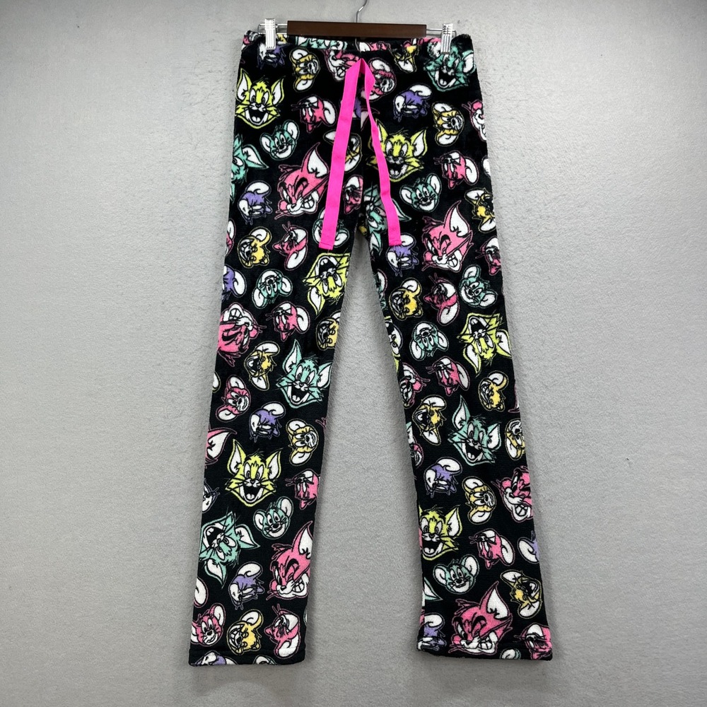 Tom & Jerry Pajama Pants Women Small Black Fleece Cartoon PJs Sleepwear Lounge